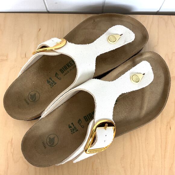Birkenstock Gizeh Big Buckle Sandles Vegan Cream Canvas Gold Buckles Size 41/10 - Picture 4 of 8